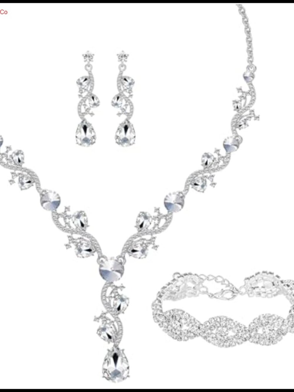 Silver Plated Rhinestone Crystal Jewelry Set Necklace Earrings Bracelet